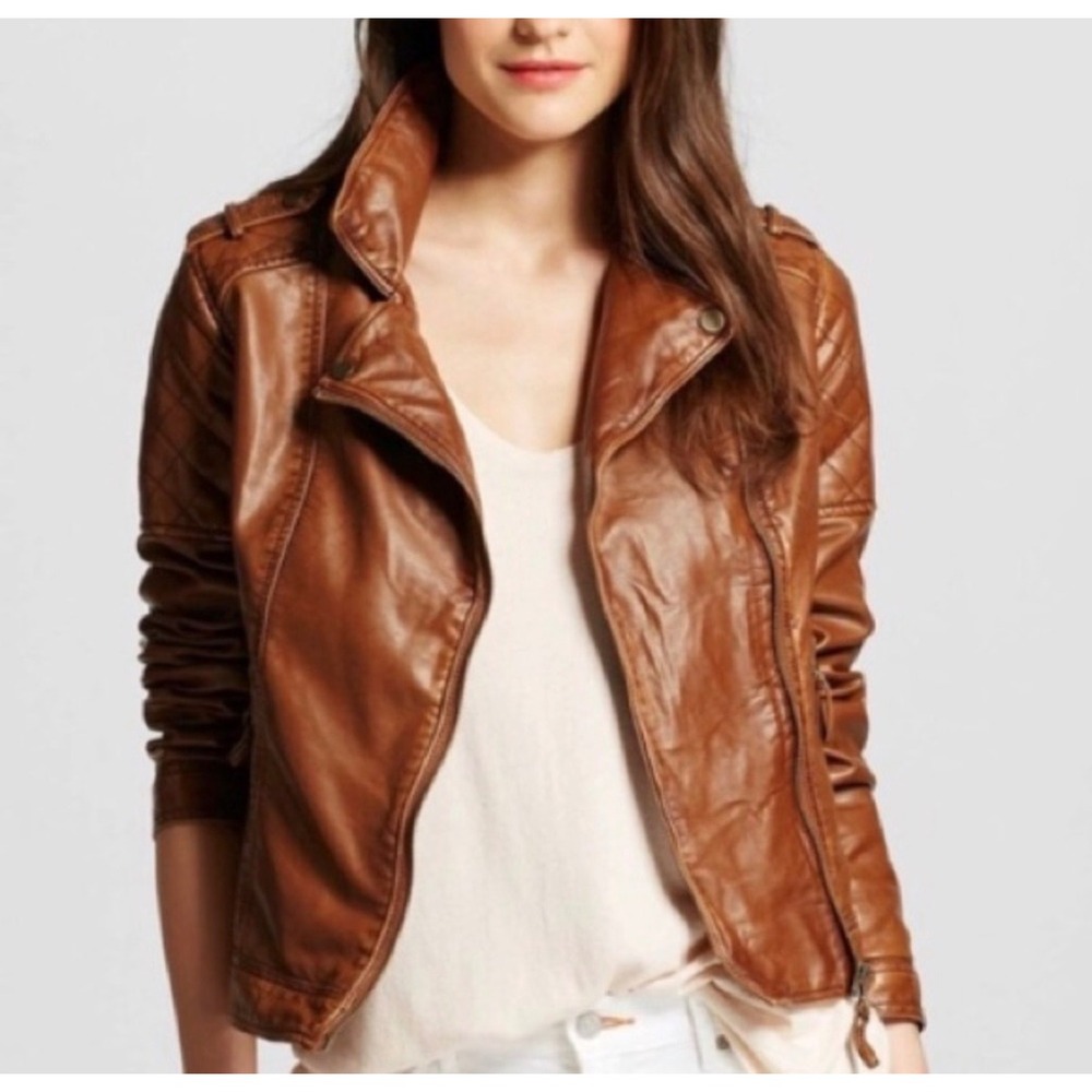 Xhilaration Womens Brown Faux Leather Moto Jacket Quilted Shoulder Edgy Size L